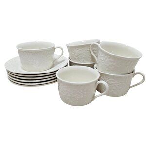 6 Mikasa English Countryside Mug Saucer 8oz wide white embossed dishwasher micro